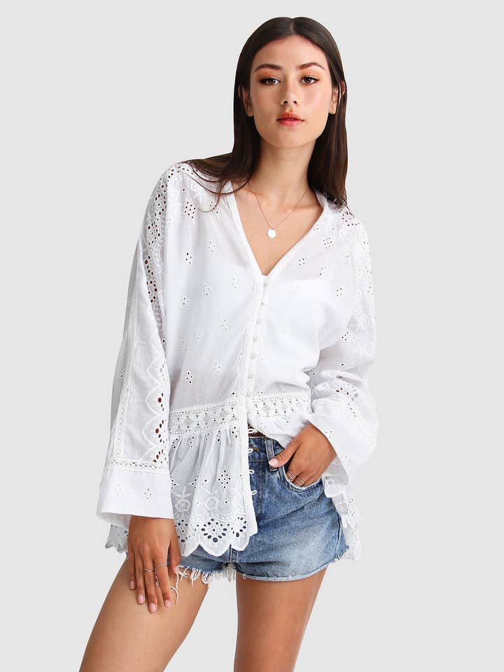 belle & bloom - Wholesale Buttoned-down shirt – Women's - Unbutton Me Eyelet Button Down Shirt - White