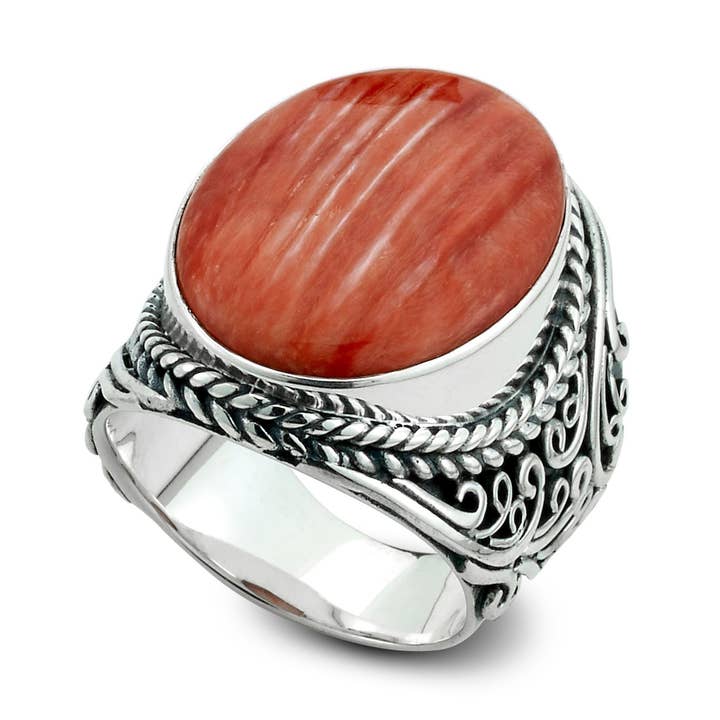 SS Oval röd taggig ostron Ring med vridna rep Design för wholesale av Eli Pebble