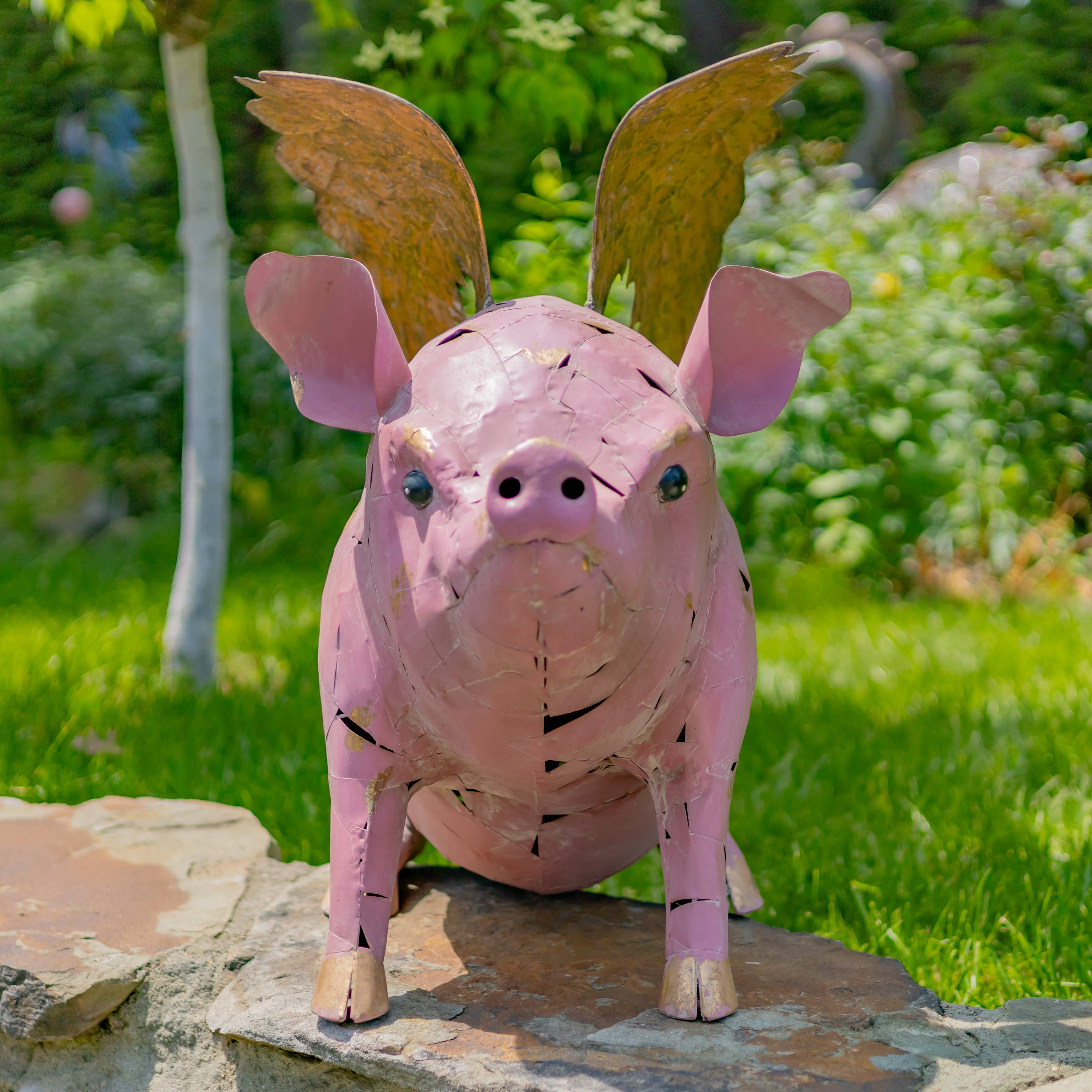 Zaer Ltd. International - Wholesale Outdoor Ornament/Decor - 30.5" Tall Flying Pink Iron Pig Statue with Golden Wings4