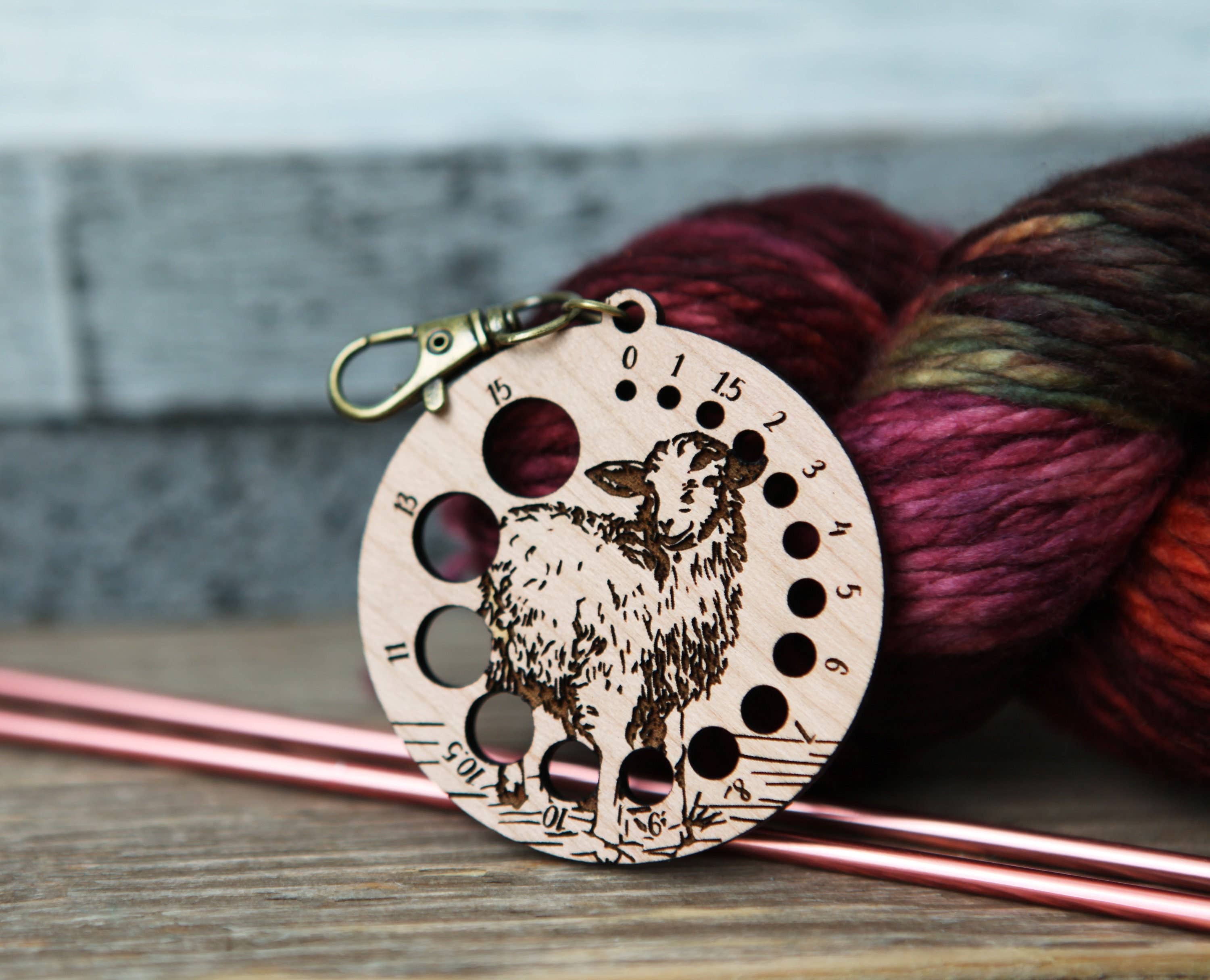 Sunrise Grove - Wholesale Knitting/Crochet Supplies - Cherry Wood Knitting Needle Gauge with Sheep & Bronze Clasp