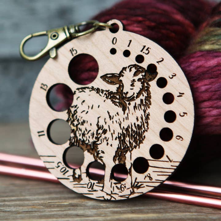 Cherry Wood Knitting Needle Gauge with Sheep & Bronze Clasp for wholesale by Sunrise Grove