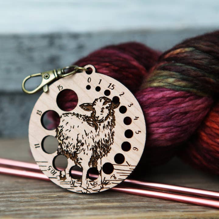 Sunrise Grove - Wholesale Knitting/Crochet Supplies - Cherry Wood Knitting Needle Gauge with Sheep & Bronze Clasp