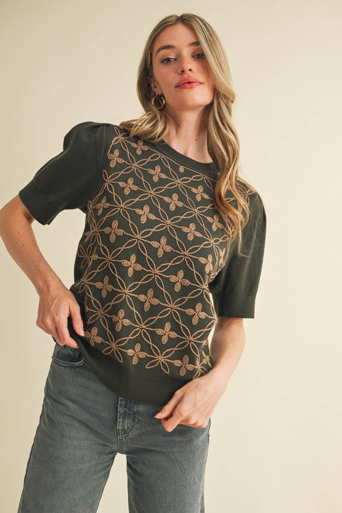 &MERCI - Wholesale Knit Sweater - Women's - SHORT PUFF SLEEVE EMBROIDERY FRONT SWEATER MSW1083231