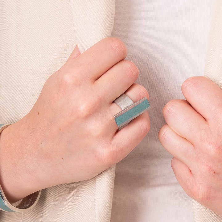 Slim Rectangle Adjustable Ring With Leather Inlay Duck Egg for wholesale by Sobo & Co Jewellery