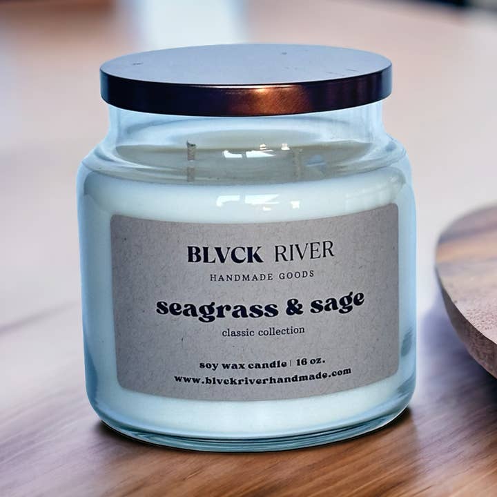 Seagrass & Sage 16 oz Soy Candle - Clear Apothecary Jar for wholesale by Black River Handmade Goods
