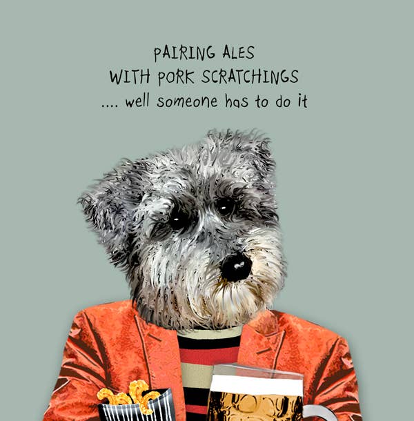 Sally Scaffardi Design - Venta al por mayor Tarjetas de felicitación - OB013... Tarjeta de felicitación para maridar cervezas con patatas de cerdo1