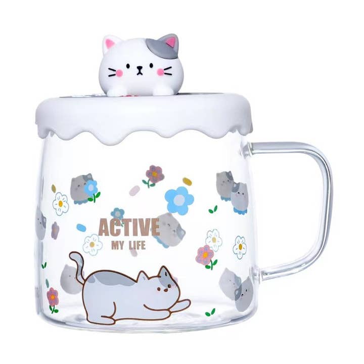 Active Cat 15oz Glass Mug With Lid (12/36) for wholesale by Urban Tokyo