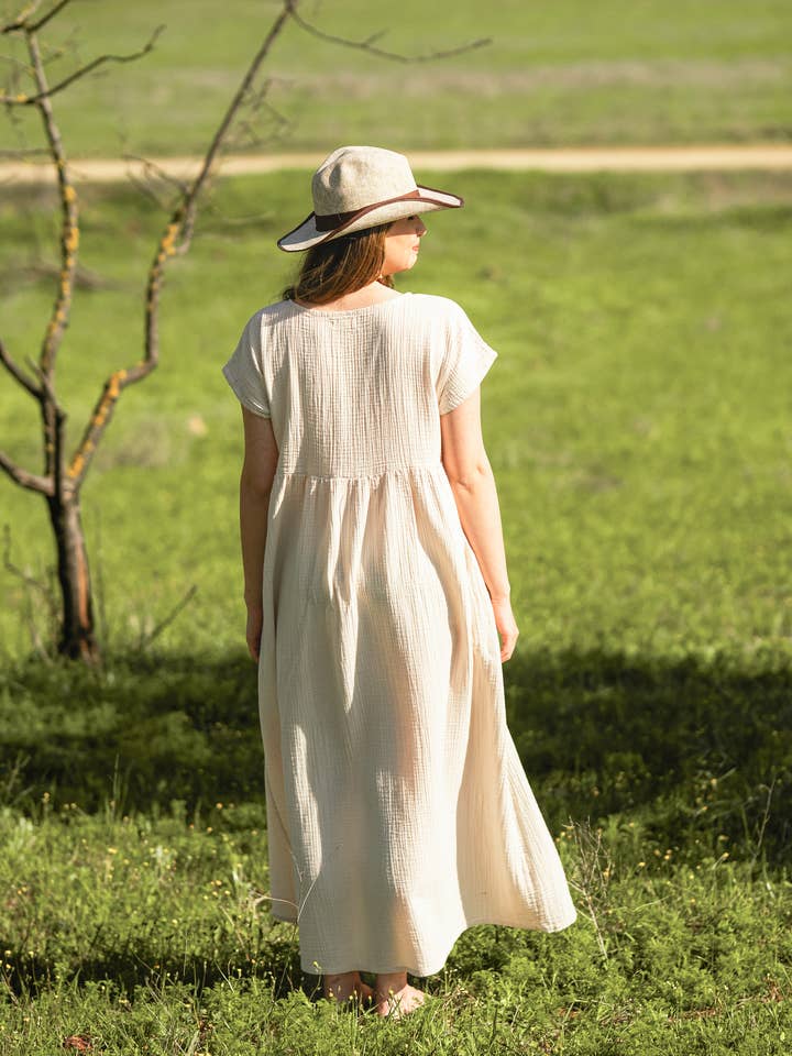 Moa - Wholesale Dress - Women's - Double Gauze Cotton Beige Midi Dress 3