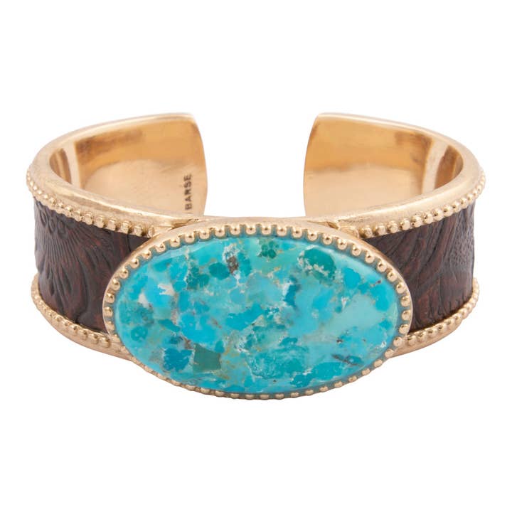 Rosette Braun Leder und Blau Türkis Goldene Manschettenarmband für den Großhandel von Barse Jewelry