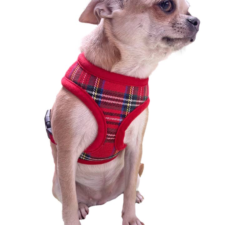 Red Stewart Plaid Adjustable Dog Harness for wholesale by Sassy Dog Fashions