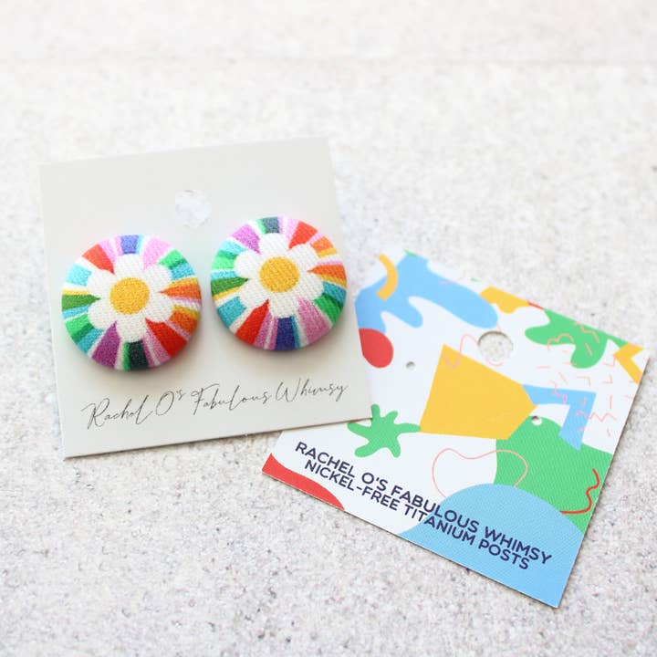 Rachel O's - Wholesale Stud/Post Earrings - Bold 7/8 Inch Baseball Bikes Fabric Button Earrings2