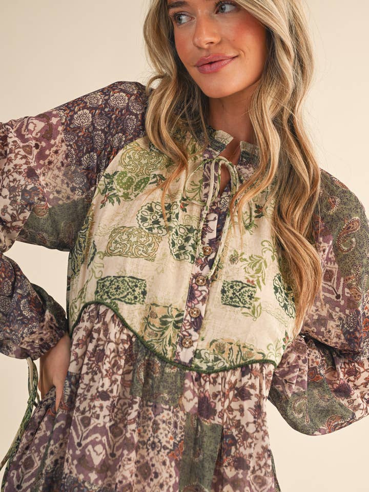 &MERCI - Wholesale Dress - Women's - PATCHWORK PRINT MIDI DRESS MDR443013