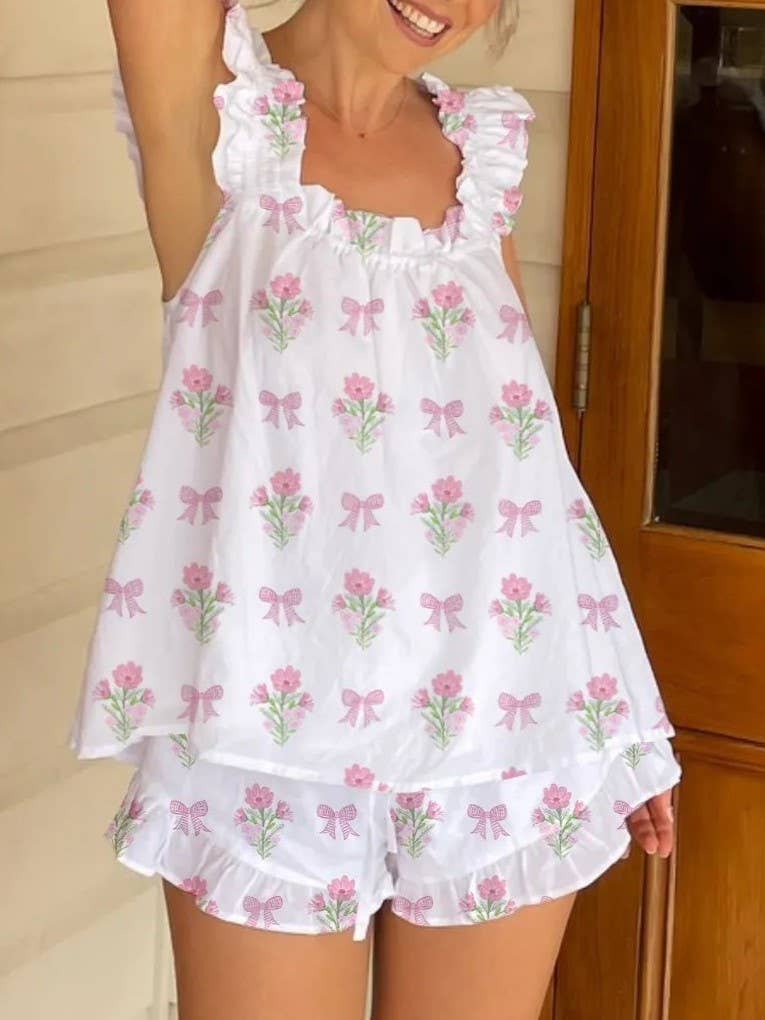 Rosa Clothing - Wholesale Top & Short Set (NOT Loungewear) - Women's - Floral & ribbon bow print ruffled tank top shorts set7