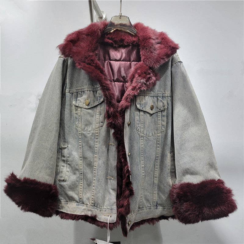 Sanyao Fashion - Wholesale Fur/Faux Fur Coat - Women's - M268 Winter Contrast Stitching Denim Loose Fur Cotton Coat1