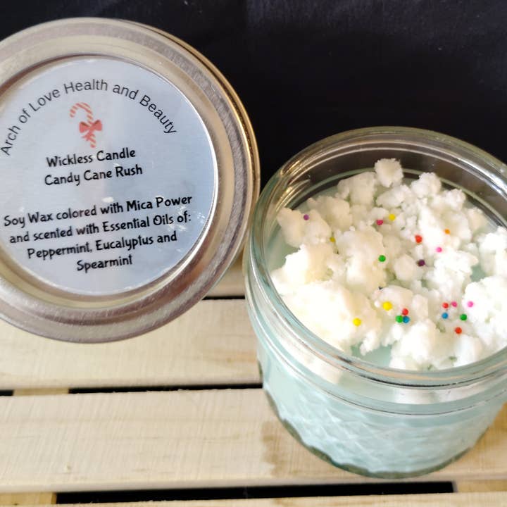 Candy Cane Rush Wickless Candle for wholesale by Arch of Love Organic Health and Beauty