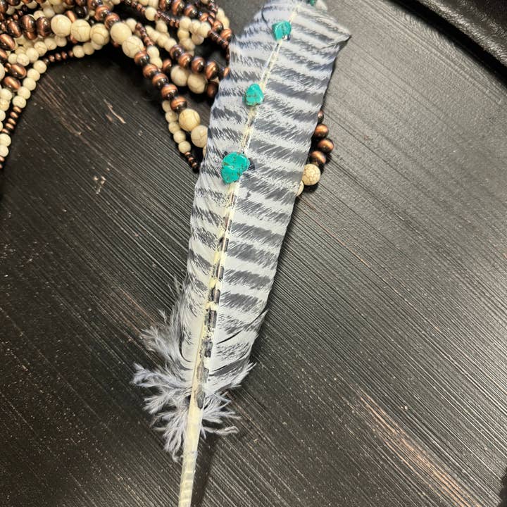 Wildflowers and Barley - Wholesale Feathers - Turquoise Studded Premium White Barred Turkey Feather