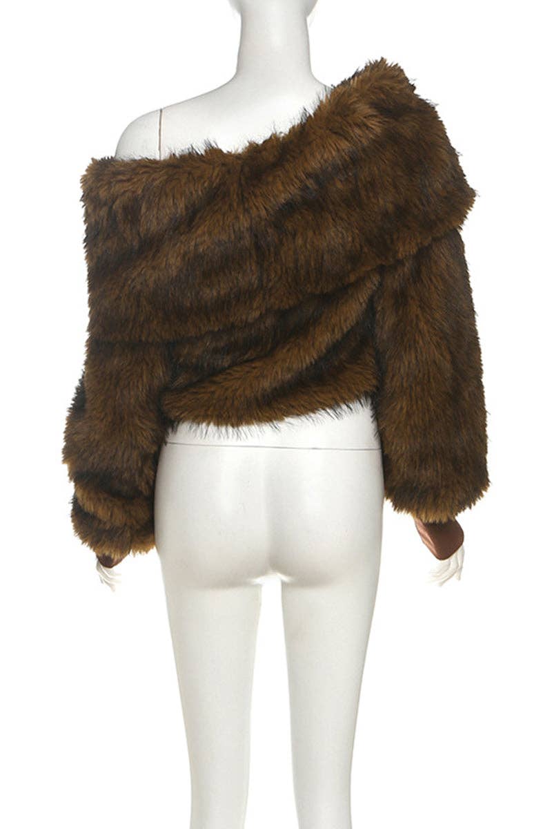 BROWN Off-Shoulder Faux Fur Blouse for wholesale on Faire6