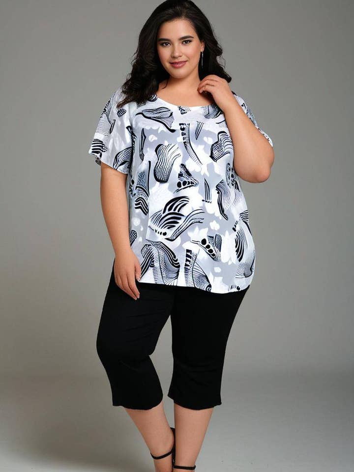Plus size semi-transparent printed top (C6597-WHITE) for wholesale by Pomme Rouge Paris