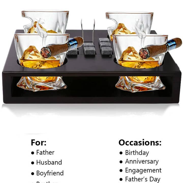Bezrat - Wholesale Cocktail/Liquor Glass - 4 Whiskey Glasses w/ Chilling Stones Set on Wood Tray