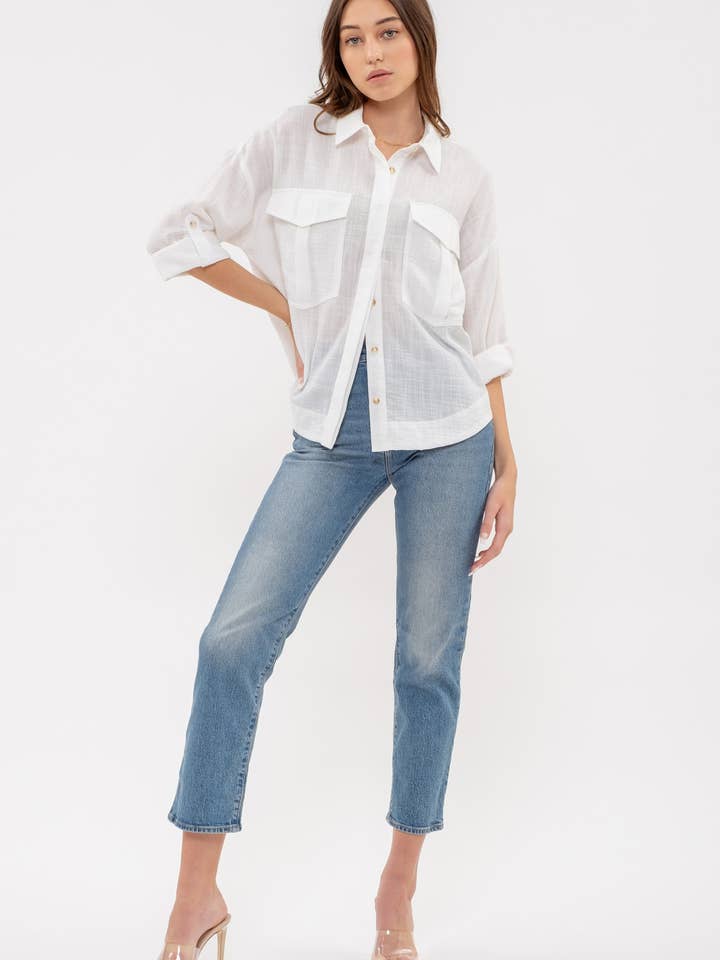 Blu Pepper - Wholesale Blouse - Women's - LIGHTWEIGHT COLLARED BUTTON DOWN 3/4 SLEEVE SHIRT