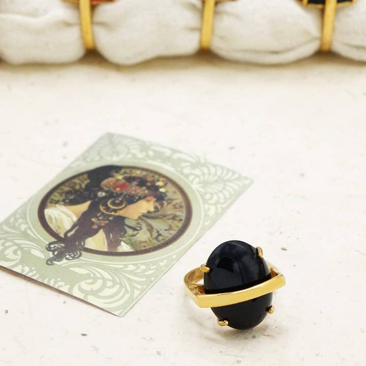 Verna Artisan Works – wholesale Cocktail/statement ring – Bold Onyx Stone Ring – Adjustable Gold-Coloured Bronze Band2
