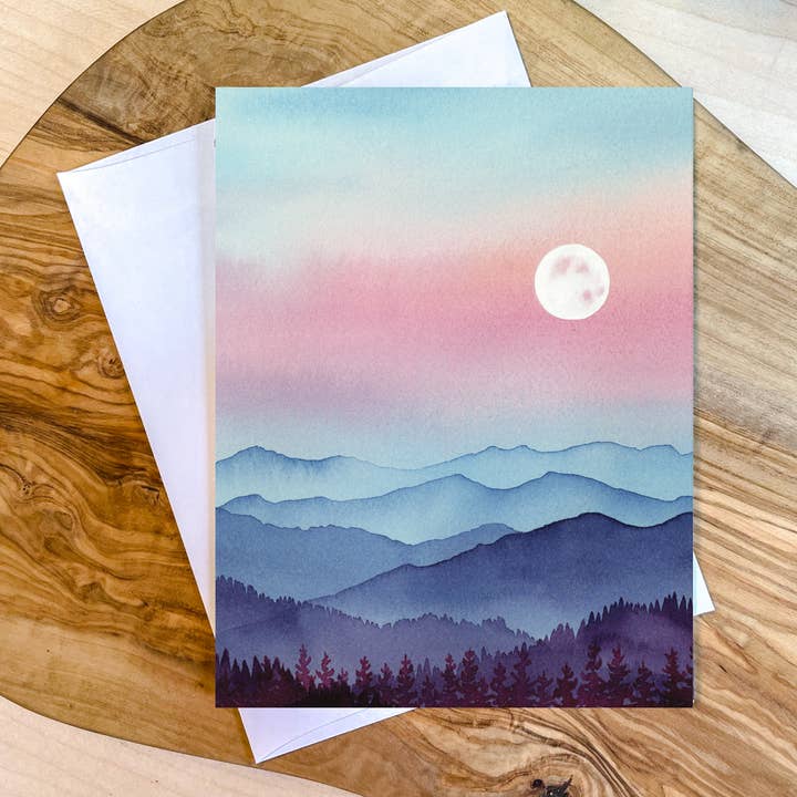 Peaceful Mountain Moonrise Blank A2 Greeting Card for wholesale by Shelby Thayne Art