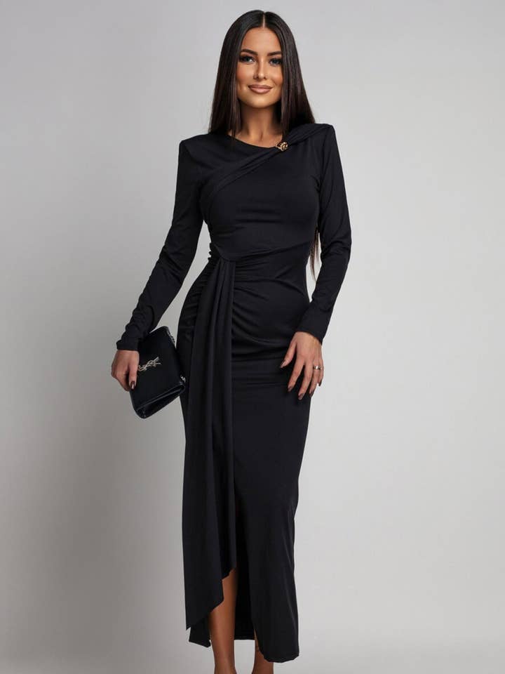Dolly Draped Ruffle Front Midaxi Dress-Black for wholesale by Catwalk Wholesale