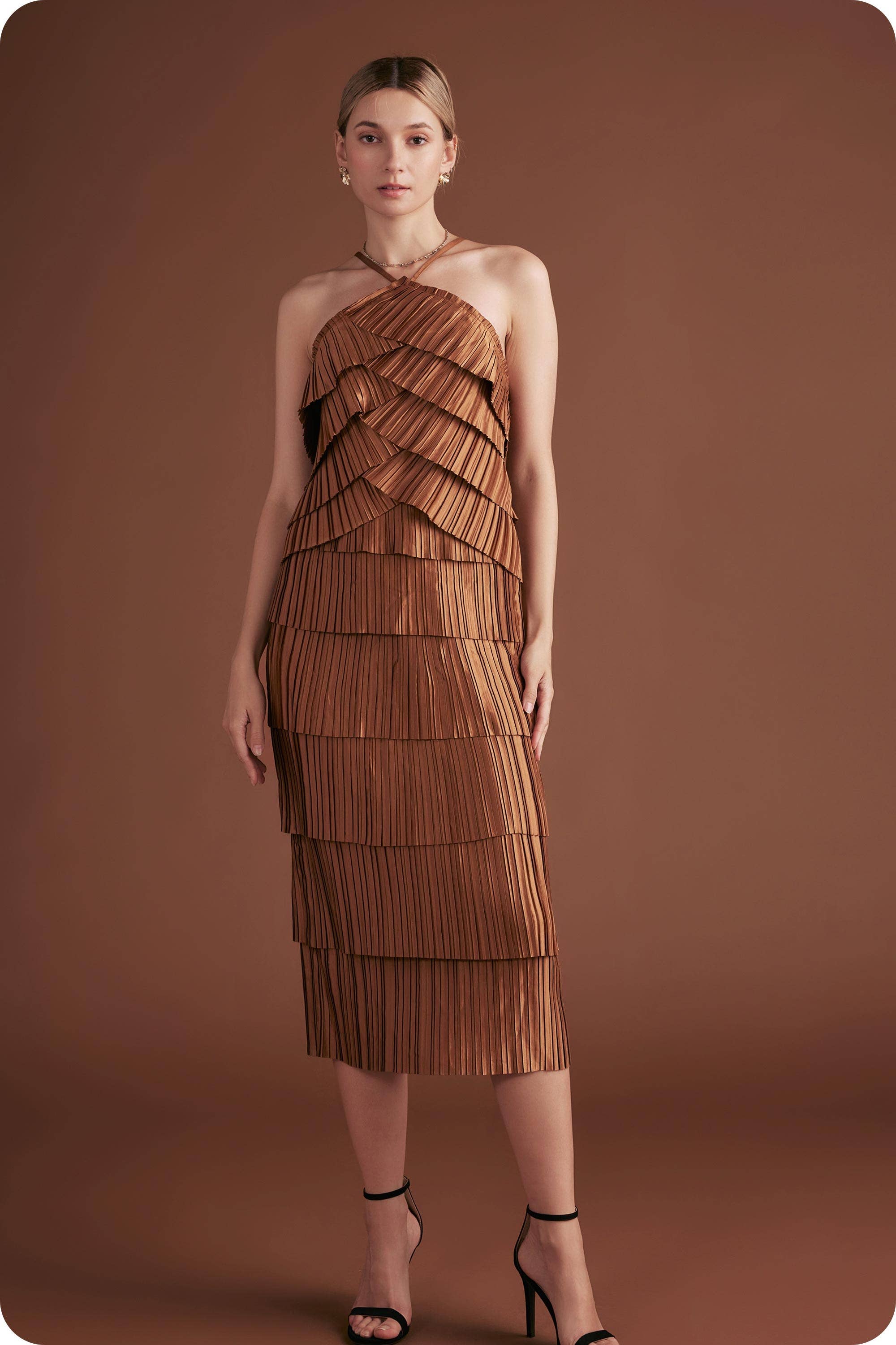 Strut & Bolt - Wholesale Skirt - Women's - Pleated Satin Tiered Midi Skirt7