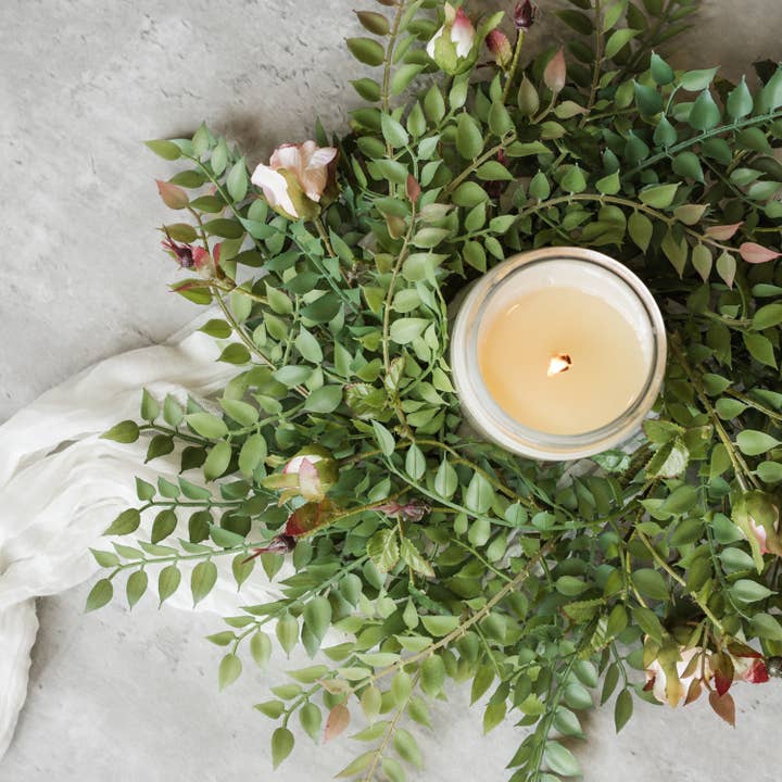 14" PEACH ROSE & SMILAX CANDLE RING for wholesale by Ragon House