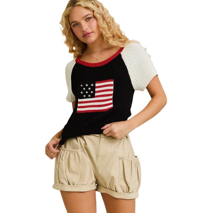 USA-Flagge Raglan Kurzarm Rundhals Gerippter Pullover-Top für den Großhandel von Apolline