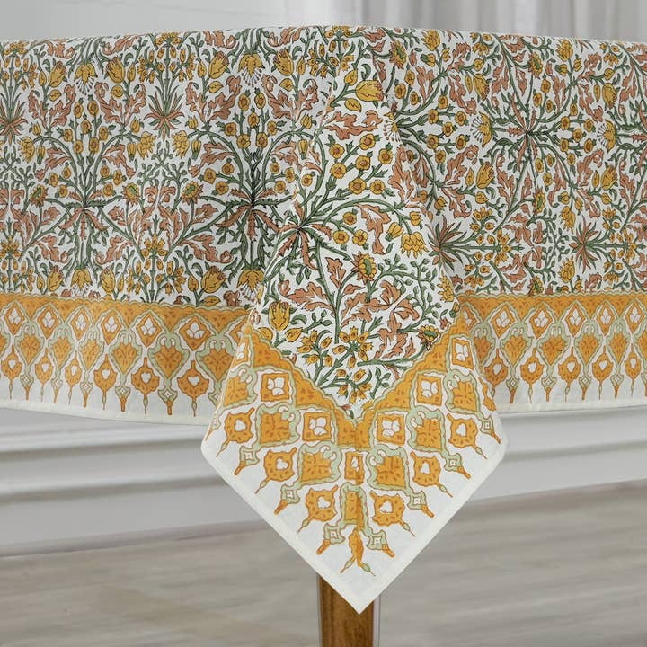 Goldruten-Tischdecke aus Baumwolle mit Handblockmuster, gelbgrün für den Großhandel von Fabricrush