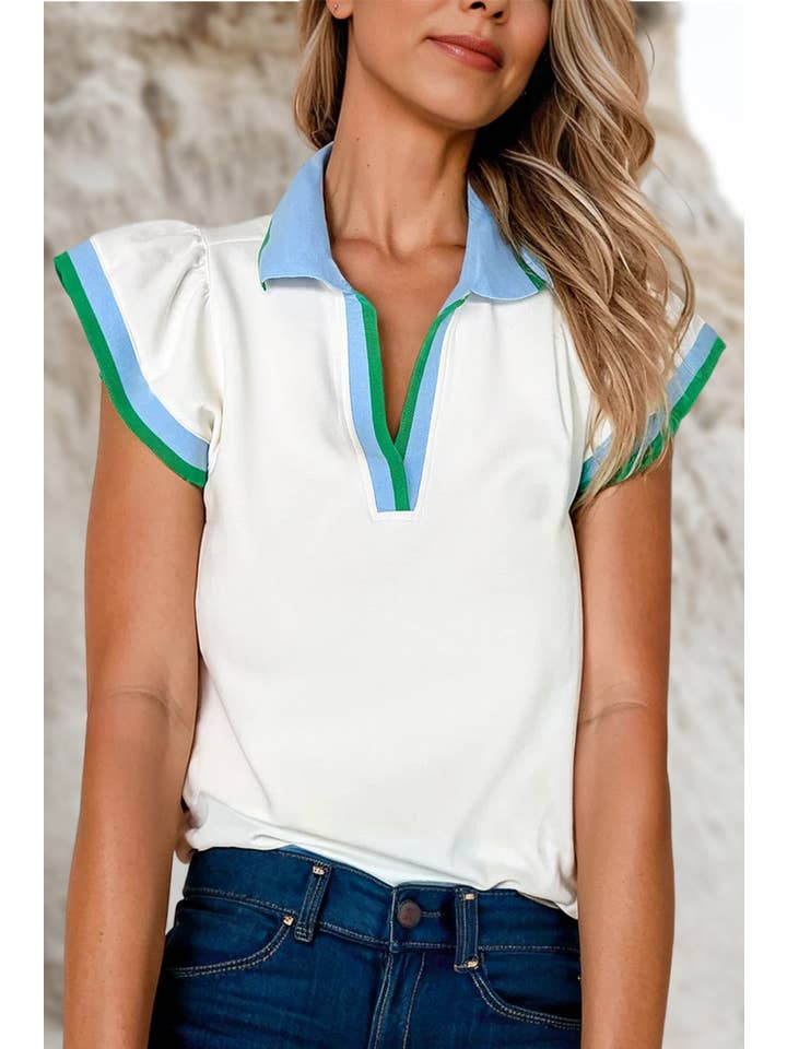 Aapparella - Wholesale Blouse - Women's - Colorblock Ruffle Sleeve V Neck Blouse | S-XL