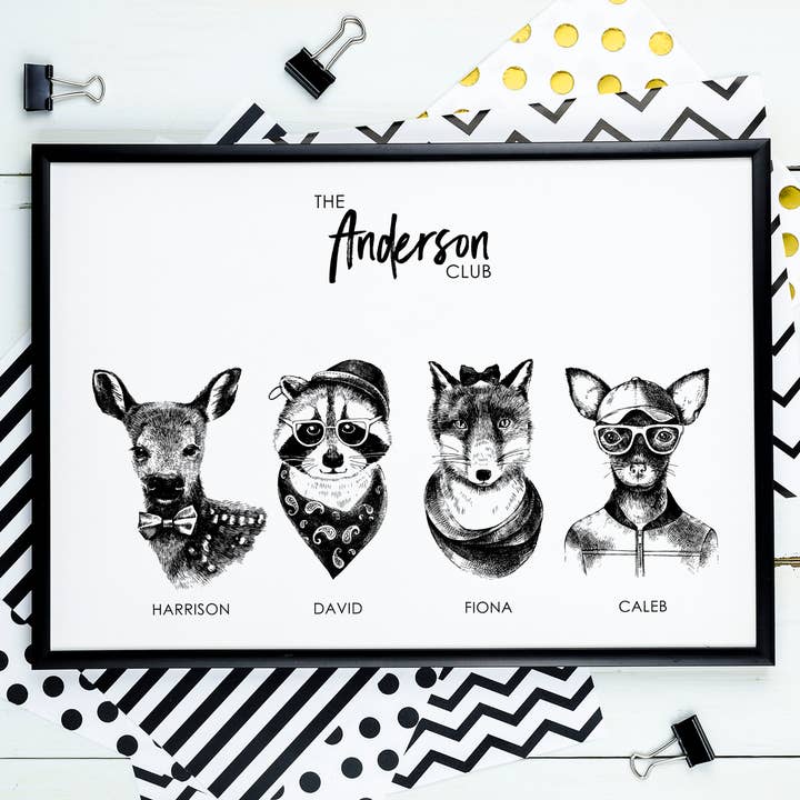 The Artisan Gift Co. - Wholesale Art print - FAMILY Name Personalised Hipster Animal Print