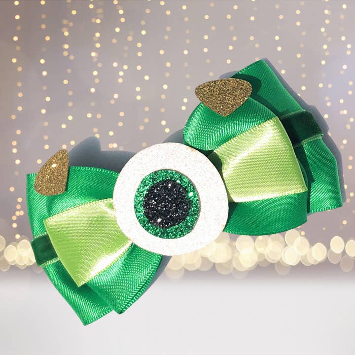3.5 inch Satin Ribbon Green Glitter Eyeball Monsters Hair Bow Clip for wholesale by Chicky Chicky Bling Bling
