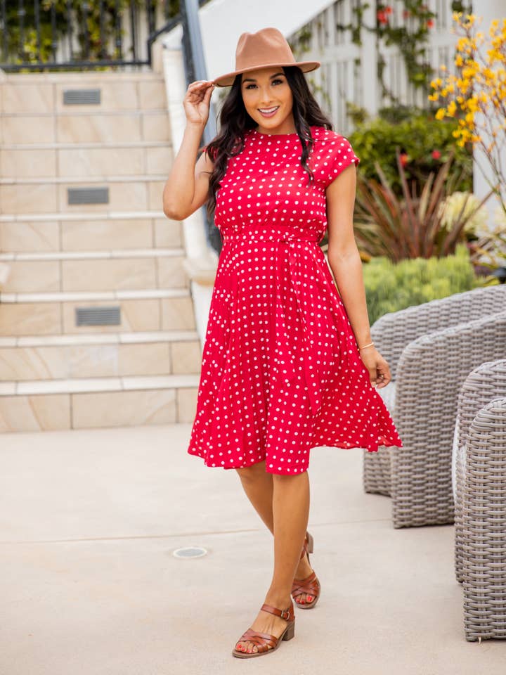 Natasha Polka Dot Pleated Dress for wholesale by Tickled Teal