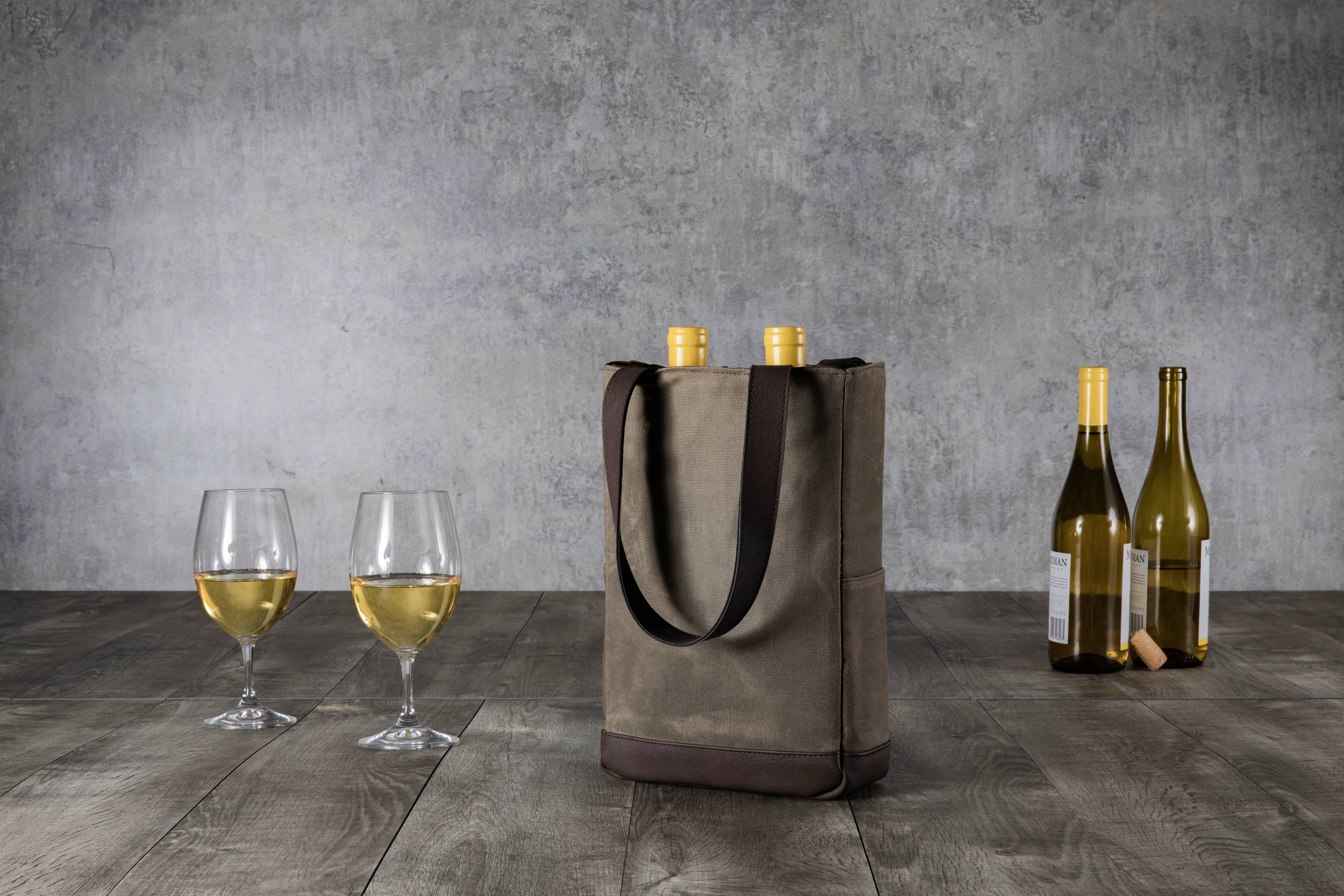Khaki Green with Beige Accents 2 Bottle Insulated Wine Cooler Tote Bag - Distressed Canvas for wholesale on Faire9