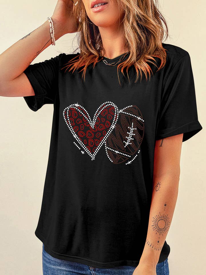 Black Rhinestone Rugby Football Heart Shape Graphic T Shirt for wholesale by Lovesoft