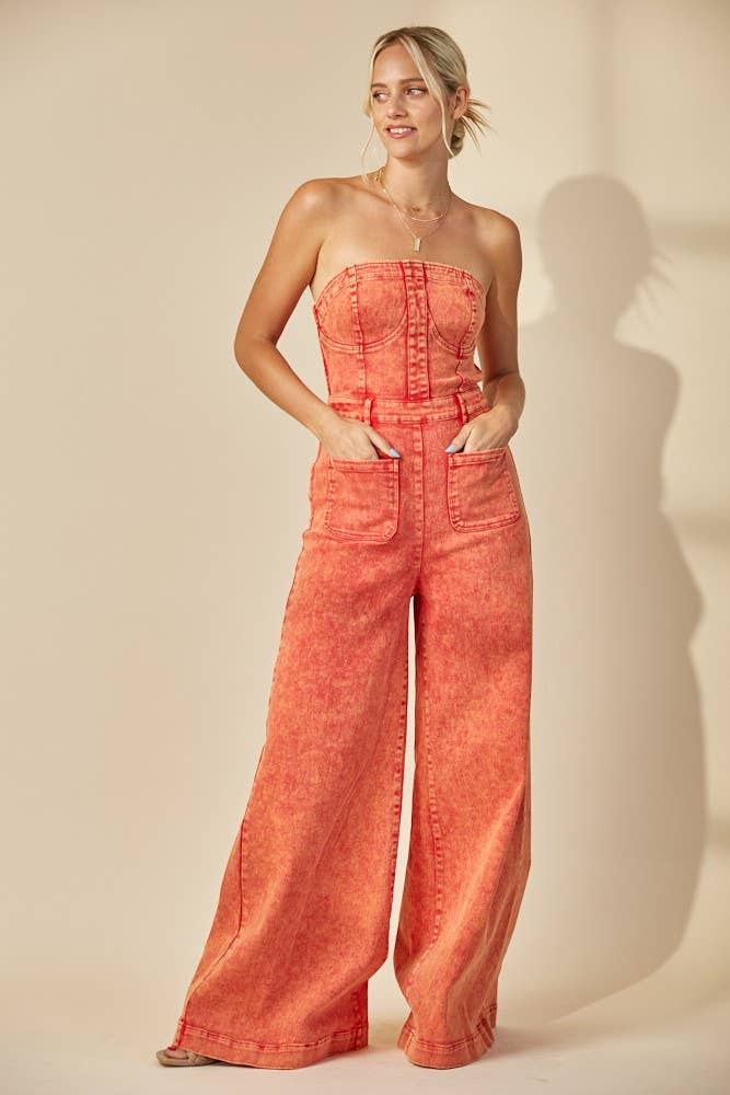 BOHO MINERAL WASH WIDE LEG DENIM JUMPSUIT 4406DEEP RUST  for wholesale on Faire3