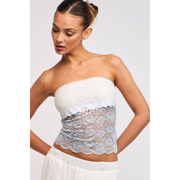 FLORAL SEE-THROUGH LACE TRIM TUBE CROP TOP for wholesale by Sky to Moon