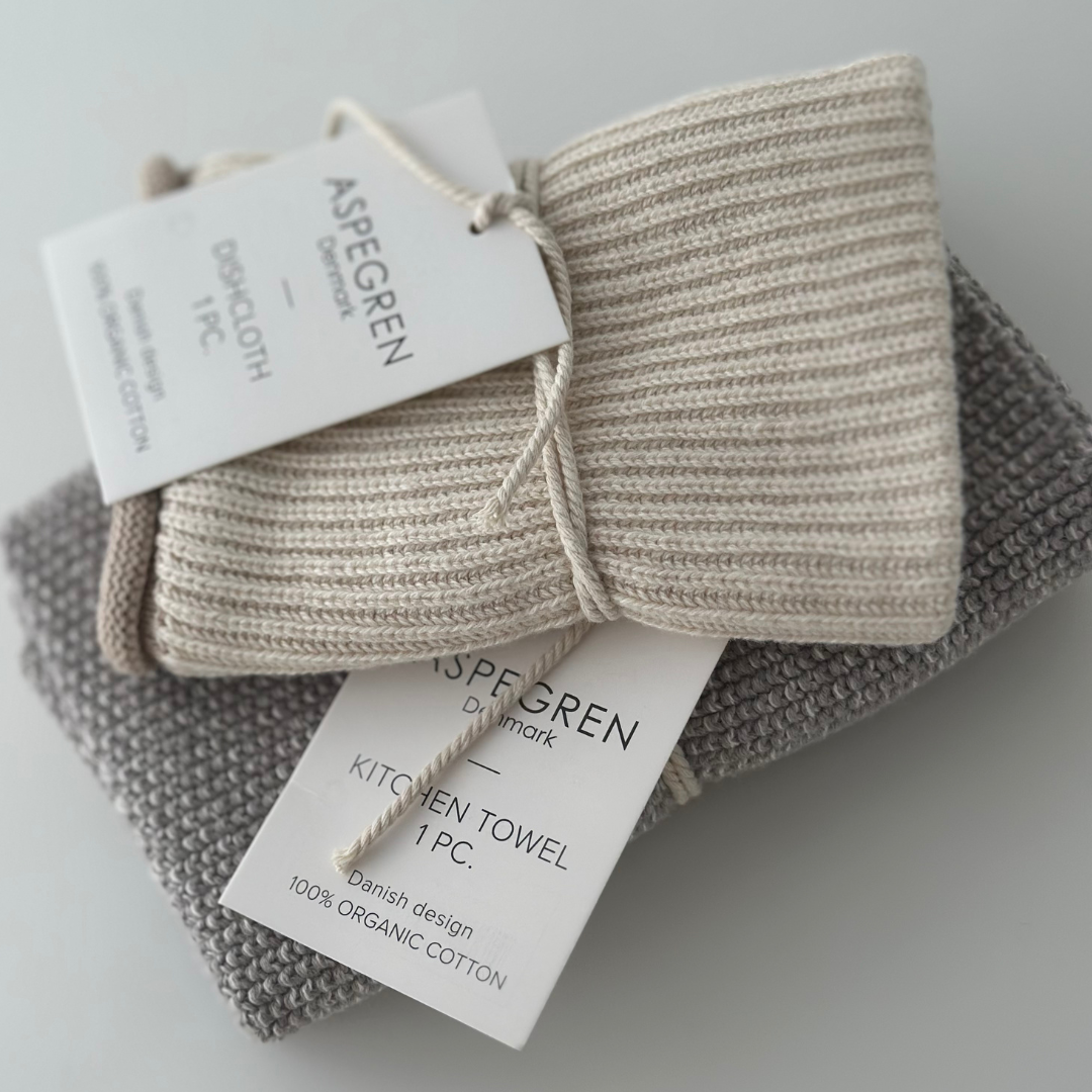 Aspegren Denmark – Engroshandel Køkkenhåndklæde – Opvaskeklud i økologisk bomuld - Strikket ripple i birkefarve2