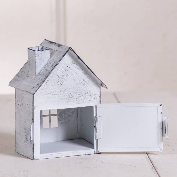 Irvin's Tinware - Wholesale Candle Holder - 6-Inch High Tin House Tealight Holder in Rustic White Wash