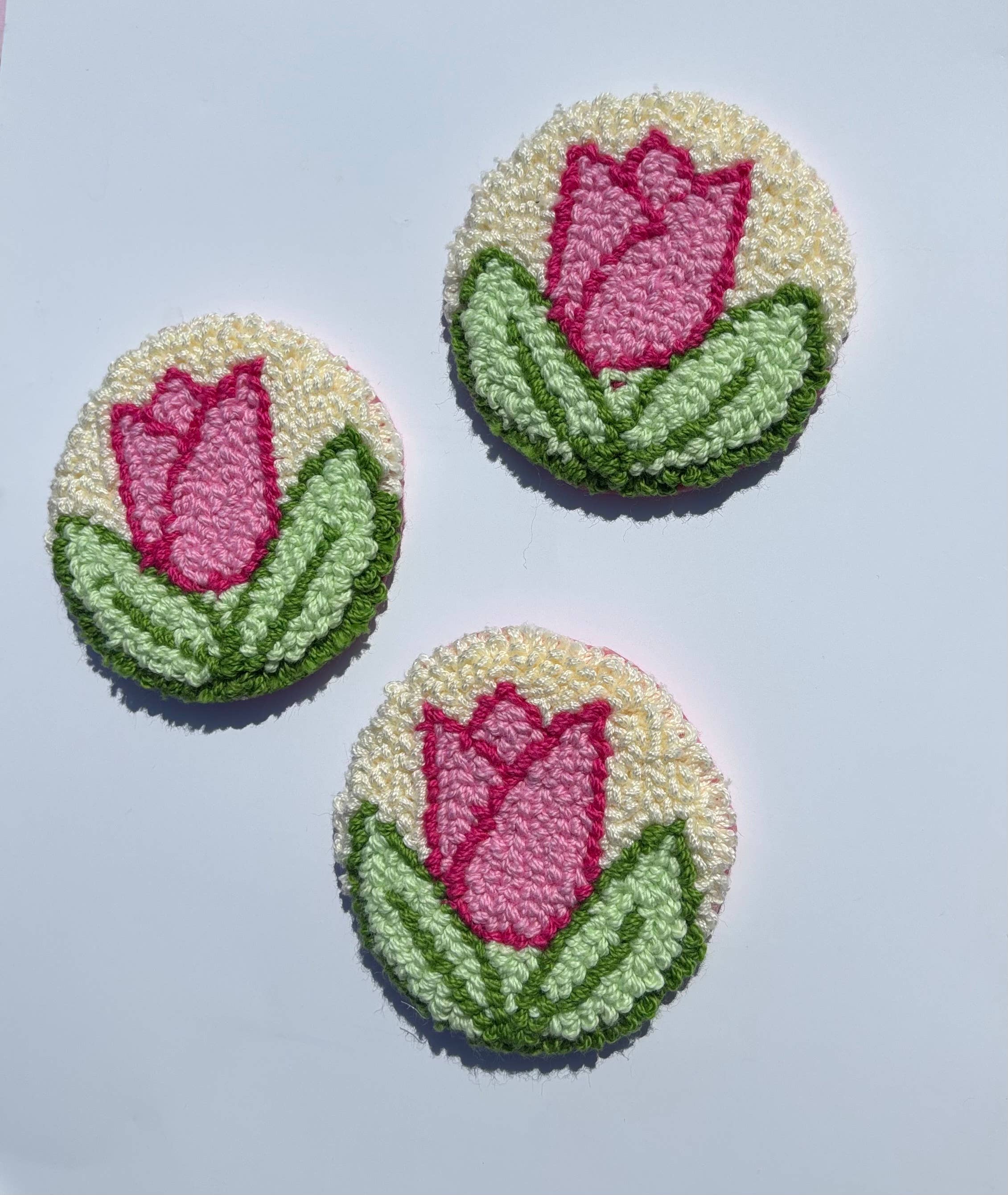 Honey Punches - Wholesale Car Coaster - Women's - Handmade punch needle pink tulip car coaster, accessories 1