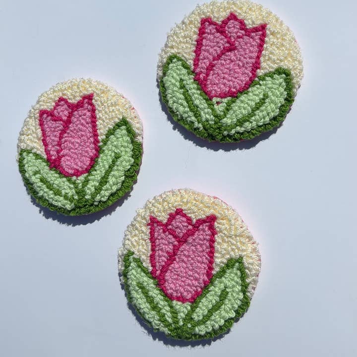 Honey Punches – Engroshandel Kopunderlag til bil – til kvinder – Håndlavet punch needle lyserød tulipan bil coaster, tilbehør1