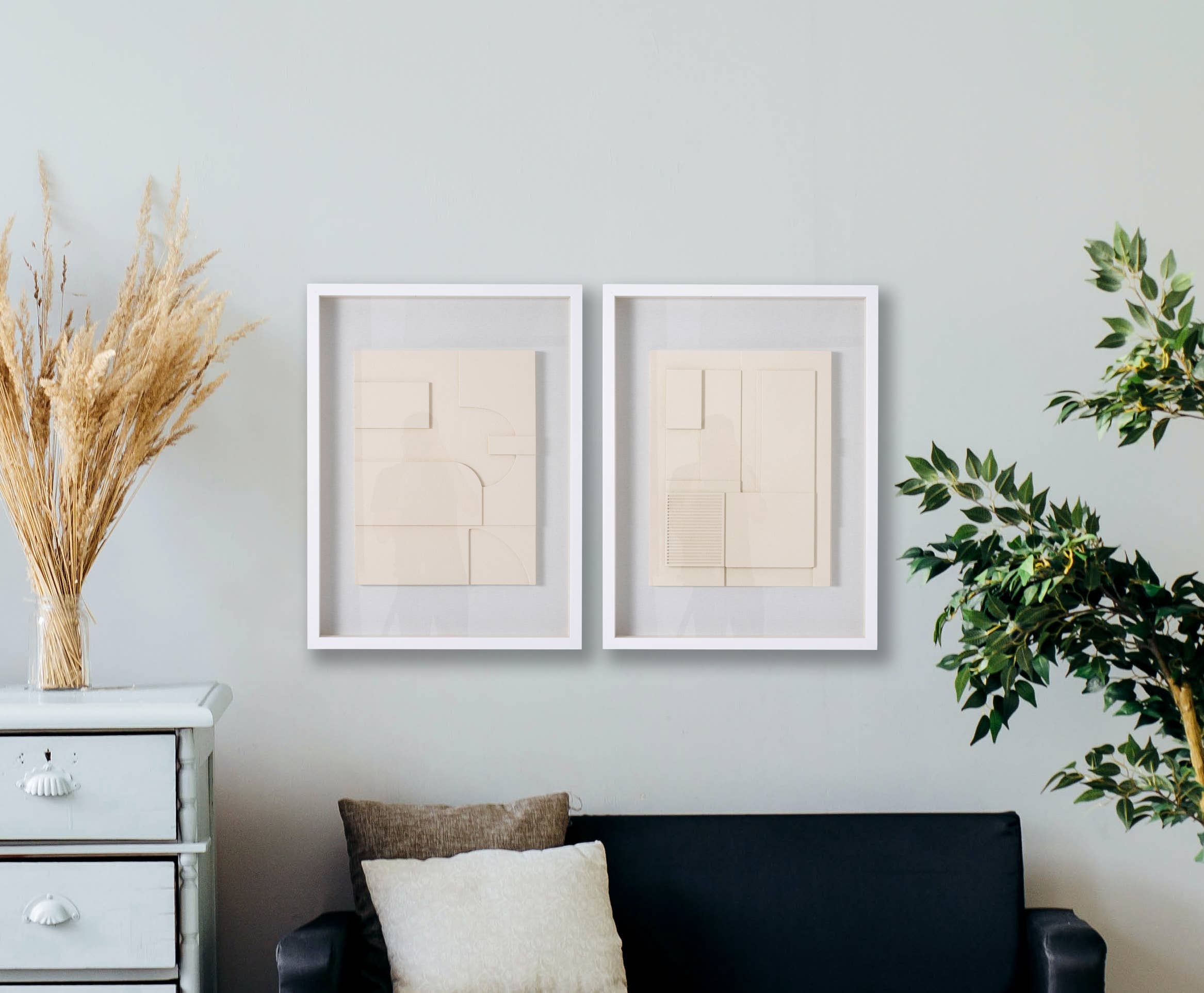 Gdeco - Wholesale Picture Frame - 60*80 Cm Cabinet Picture, White Frame And Beige Carved Wooden Sculpture.1