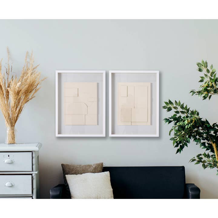 Gdeco - Wholesale Picture Frame - 60*80 Cm Cabinet Picture, White Frame And Beige Carved Wooden Sculpture.1