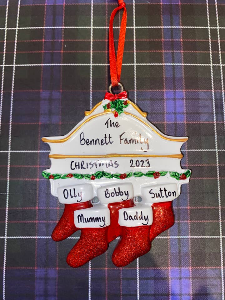 Personalised Tree Decoration - Mantle Stocking Family of 5 for wholesale by Dekassa