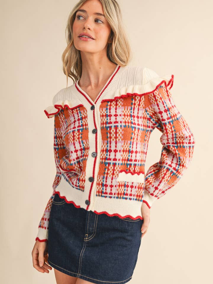 &MERCI - Wholesale Cardigan - Women's - RUFFLED YOKE PLAID SWEATER CARDIGAN MSW1118522