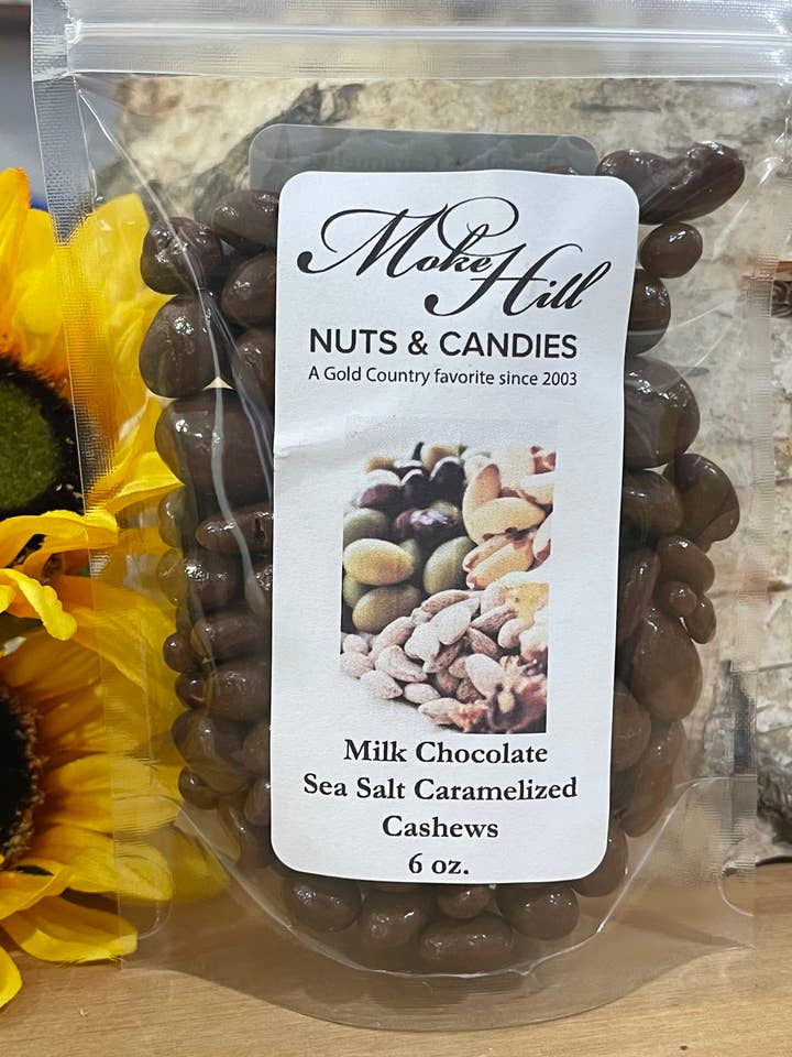 Milk Chocolate Sea Salt Caramelized Cashews for wholesale by Moke Hill Nuts and Candies