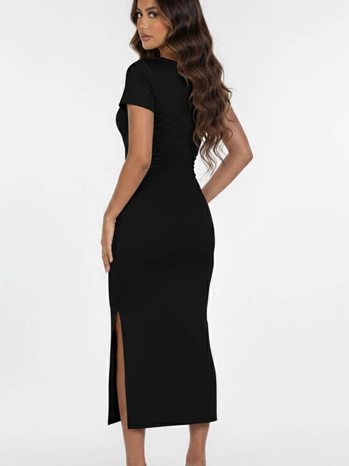 CAPELLA APPAREL - Wholesale Dress - Women's - Tie Front Short Sleeve Side Slit Dress2