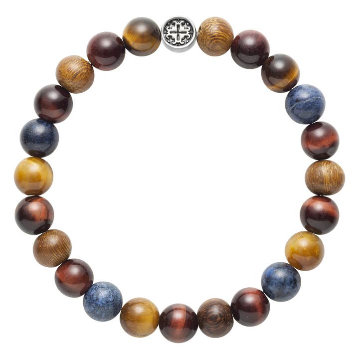 Bracelet extensible ZEN MIXED GEMSTONE + ROBLES WOOD pour homme/unisexe pour la vente par Mala and Mantra